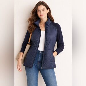 Chico’s Puffer Jacket Navy Mixed Media Zip Front Lightweight Quilted Size 2 L